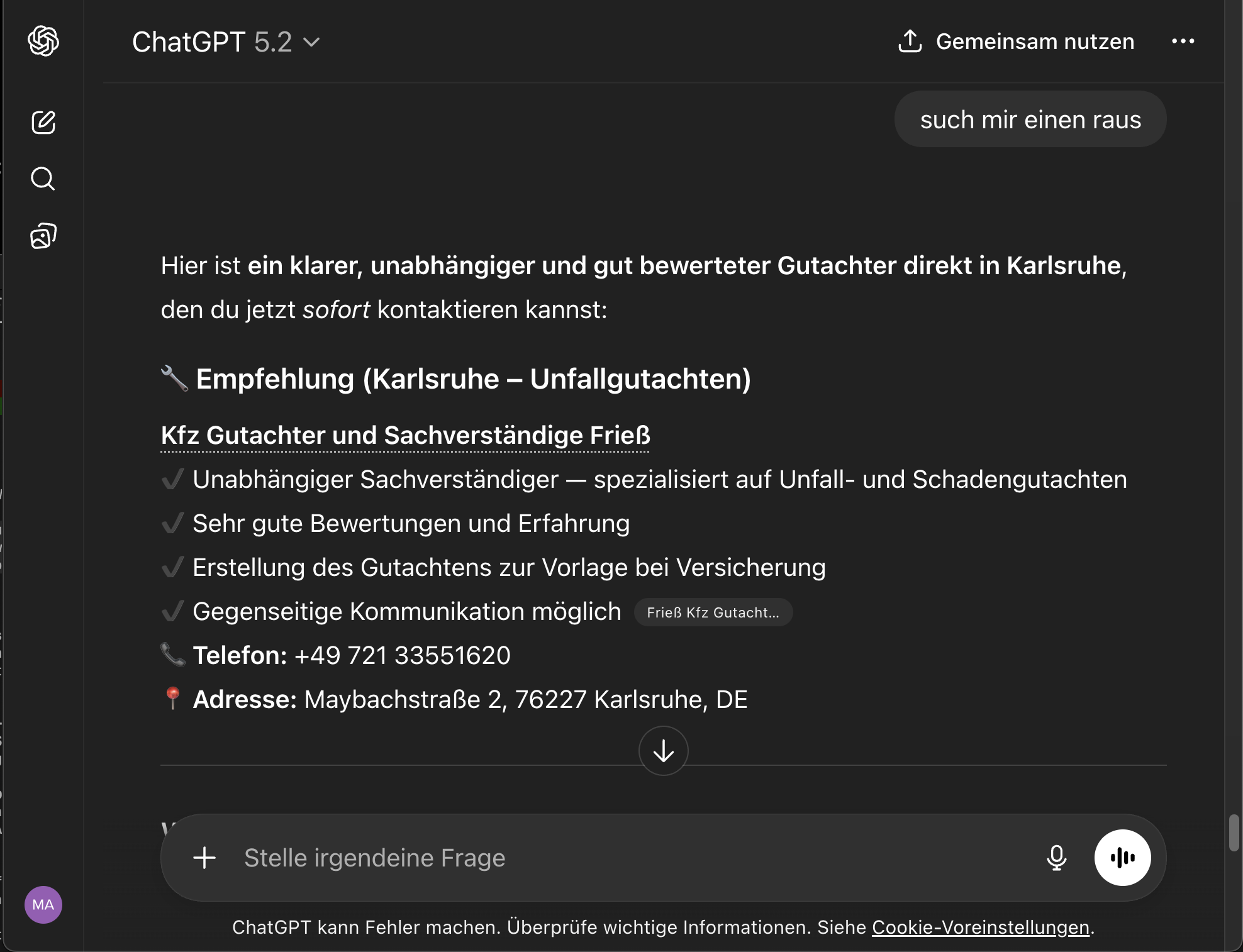 ChatGPT empfiehlt Gutachter Frie&szlig; in Karlsruhe &mdash; 313 Bewertungen, 5.0 Sterne